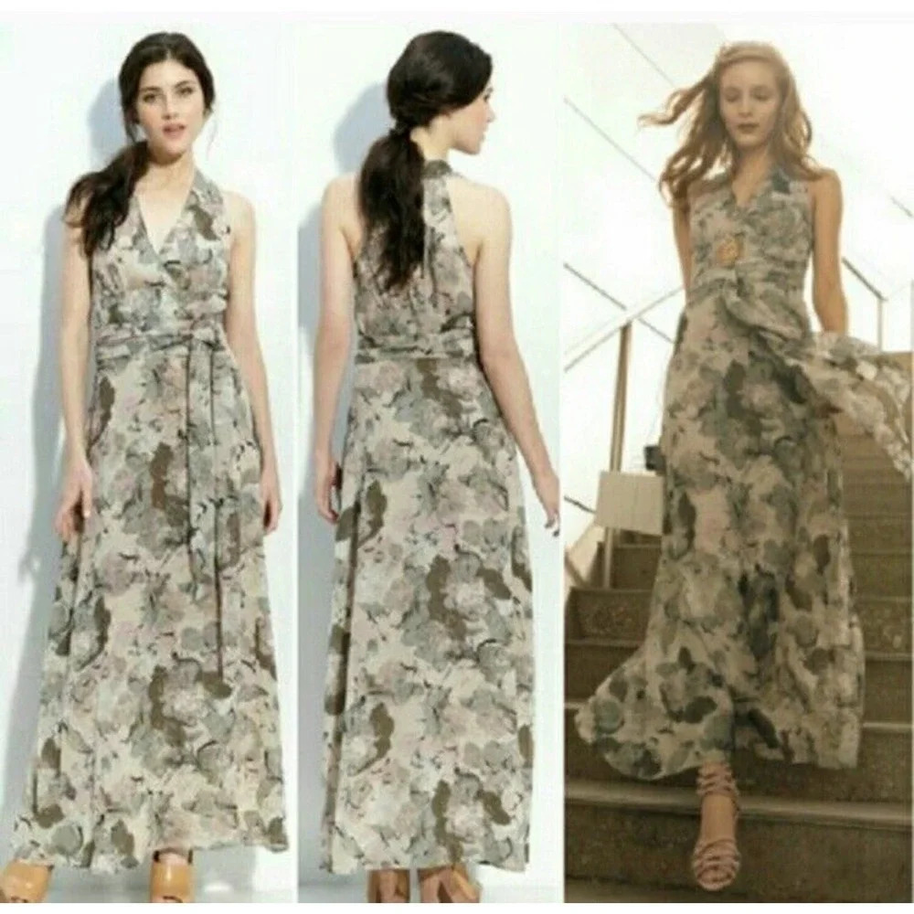 Hinge Women’s Painted Flowers Nude Green Silk Maxi Dress Size M